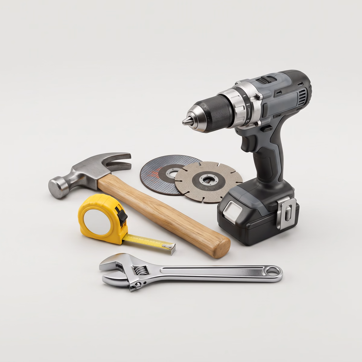 Power drill, hammer, measuring tape and hand tools